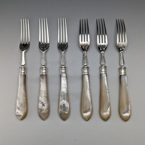 Late 19th Century British Antique White Mother of Pearl Handle Fruit Cutlery Set of 6 Pairs with Tray
